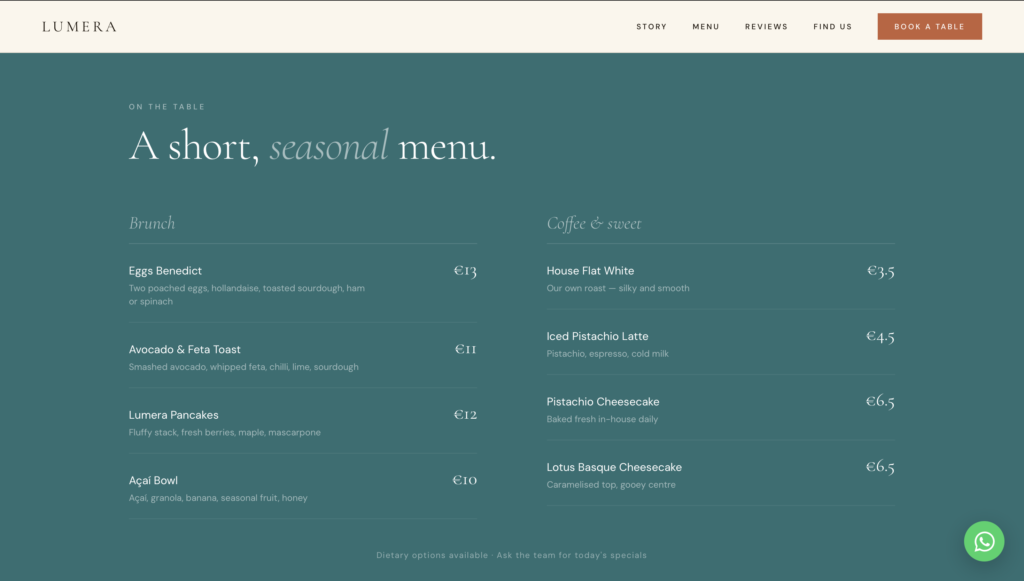 LUMERA Brunch Cafe - homepage design by Golden Mile Digital