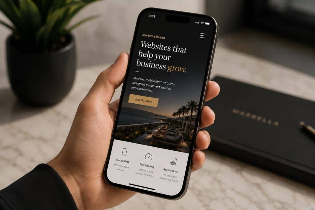 Mobile-first website shown on smartphone for Marbella business